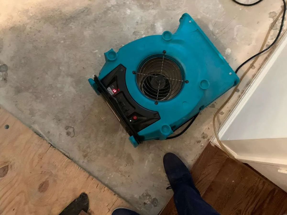 Air mover drying subfloor during Leak Detection & Repair in Southbury